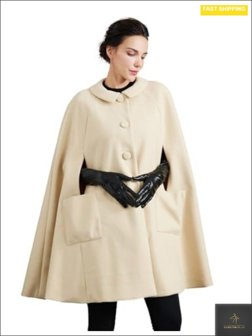 Wool Blend Cape Coat with Pockets Single-Breasted Pea Coat Fall Winter Women